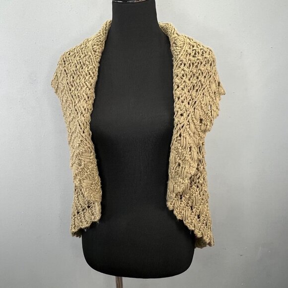 Chaudry KC Chunky Cable Knit Sweater Vest S Dark Khaki Tan Shawl Collar Open - Picture 2 of 7